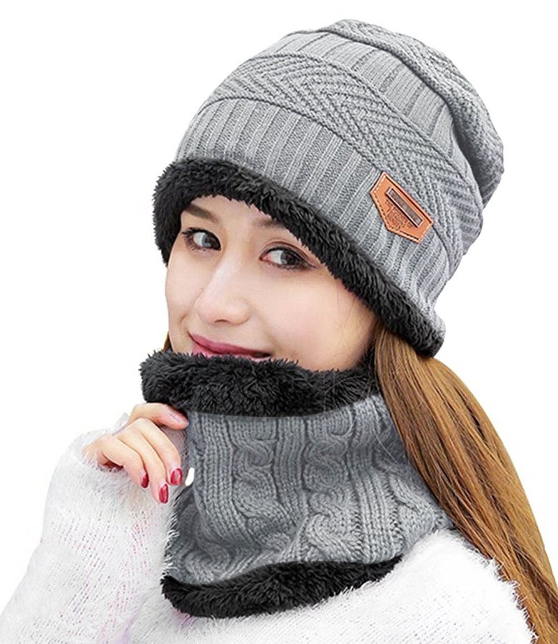 HINDAWI Winter Scarf Hat Womens Beanie Slouchy Knit Warm Snow Outdoor Skull Cap Grey - Image 1